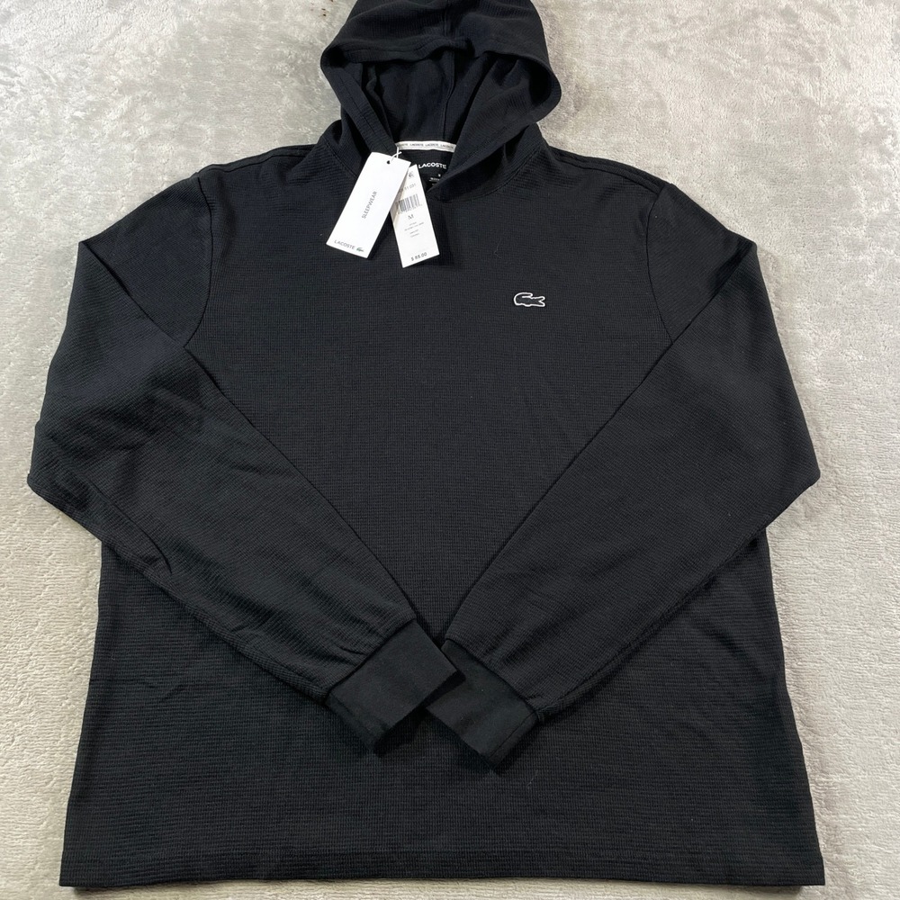 Lacoste Sleepwear Thermal Shirt Hoodie Waffle Knit Mens Medium Black Long Sleeve